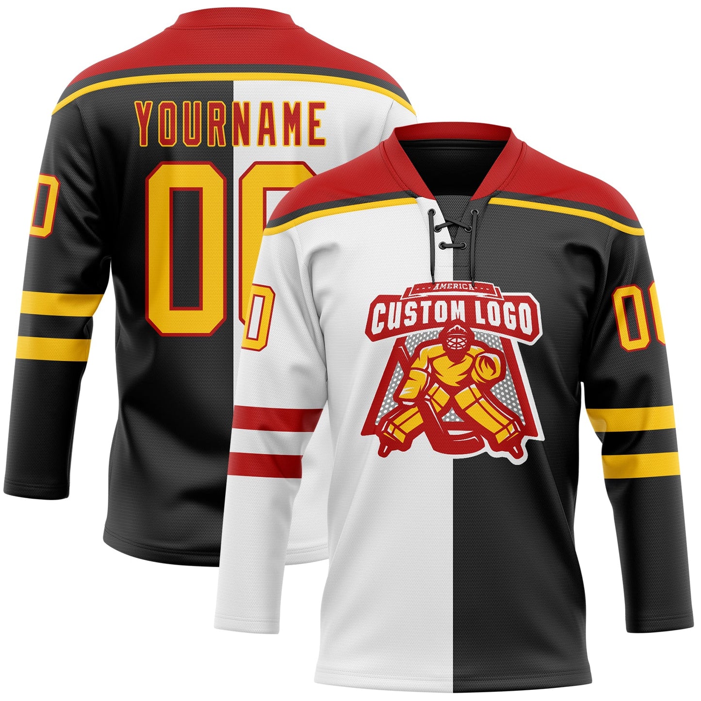 Custom Black Yellow White-Red Split Fashion Hockey Lace Neck Jersey view 2