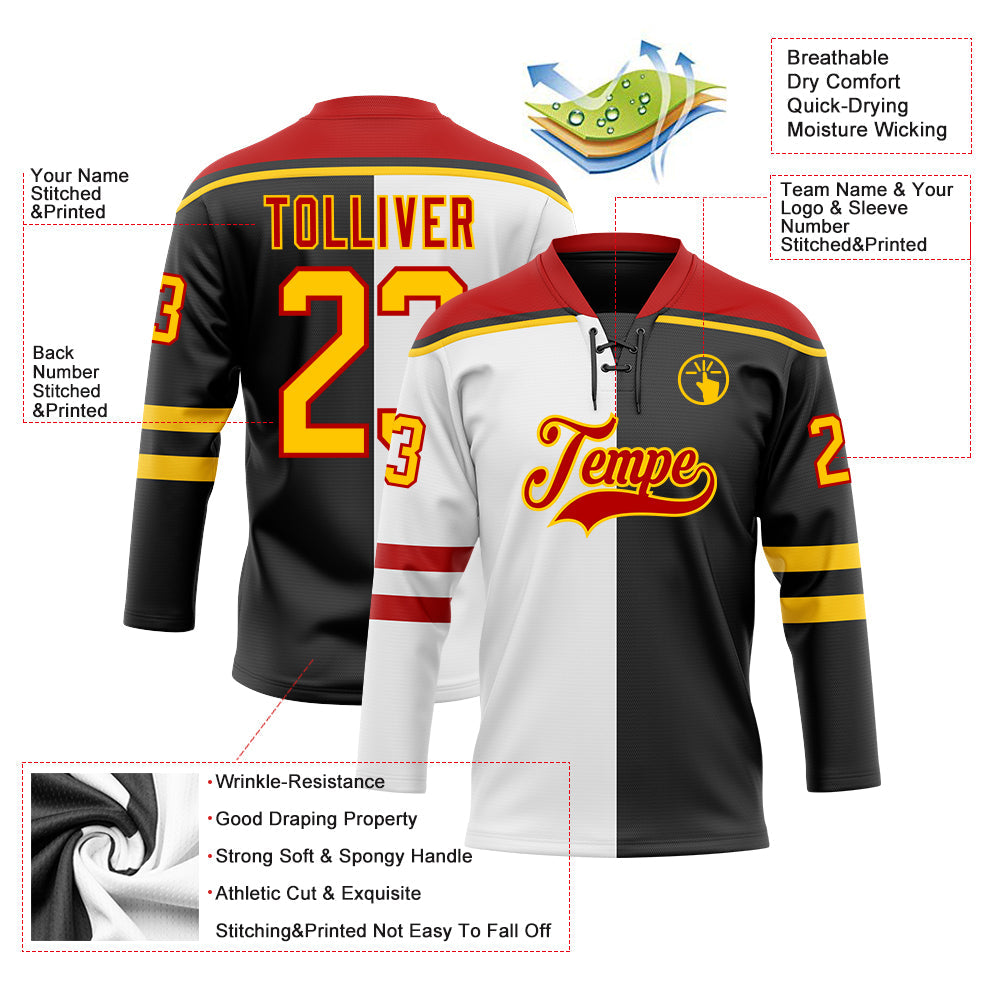 Custom Black Yellow White-Red Split Fashion Hockey Lace Neck Jersey view 5