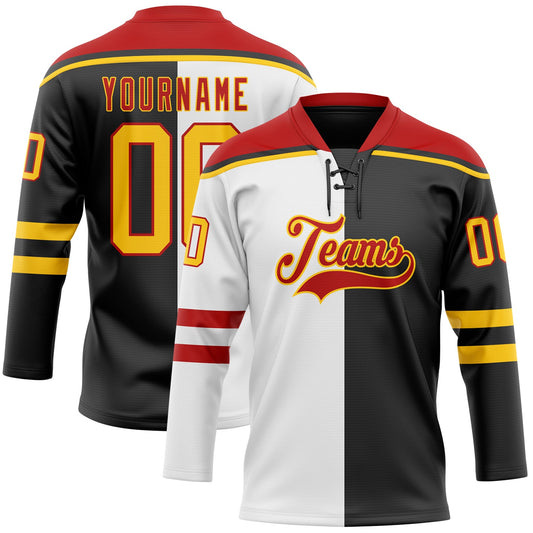 Custom Black Yellow White-Red Split Fashion Hockey Lace Neck Jersey - Main View