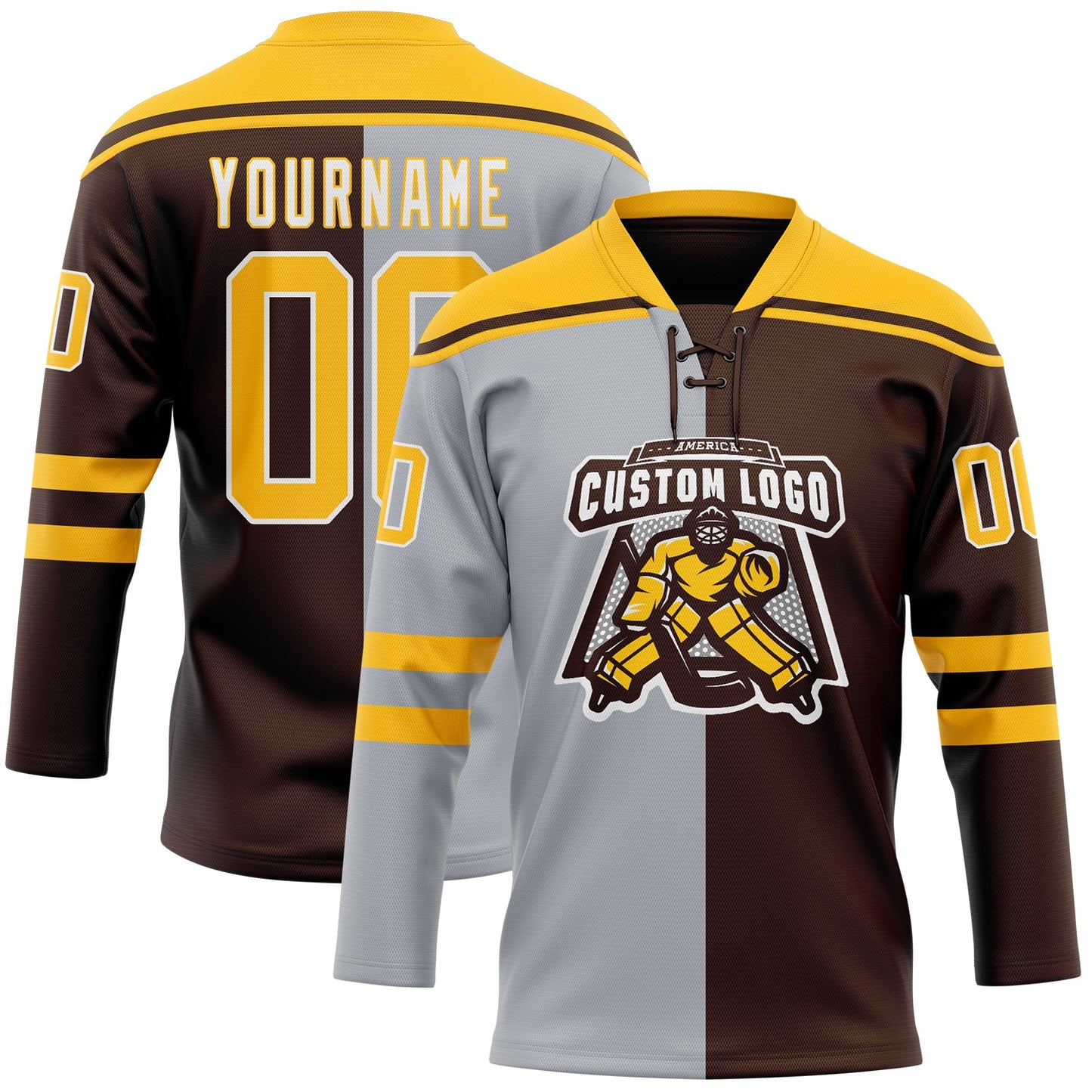 Custom Brown Gold Gray-White Split Fashion Hockey Lace Neck Jersey view 2