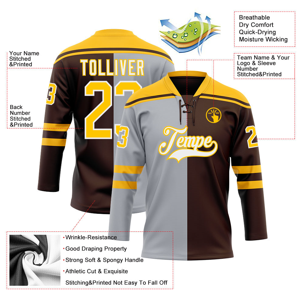 Custom Brown Gold Gray-White Split Fashion Hockey Lace Neck Jersey view 5