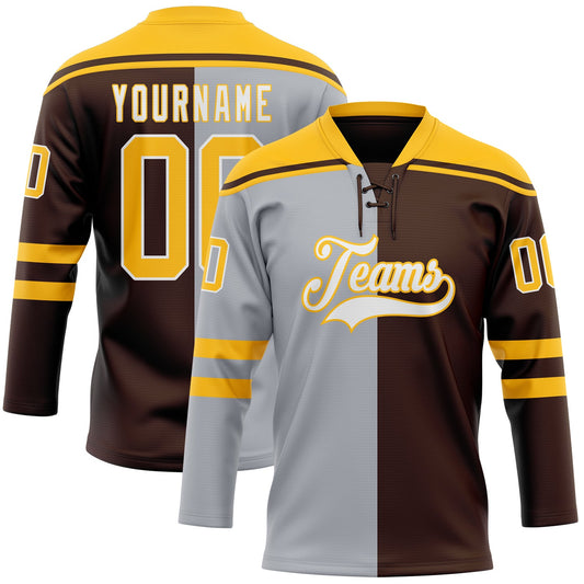 Custom Brown Gold Gray-White Split Fashion Hockey Lace Neck Jersey - Main View