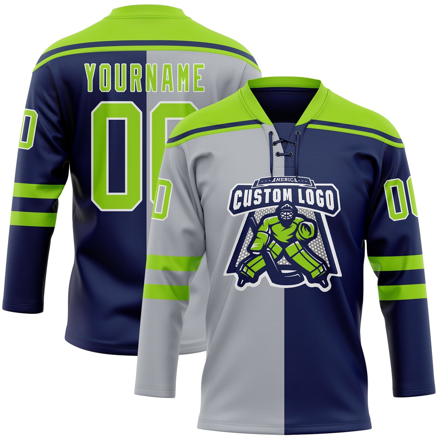 Custom Navy Neon Green Gray-White Split Fashion Hockey Lace Neck Jersey view 2