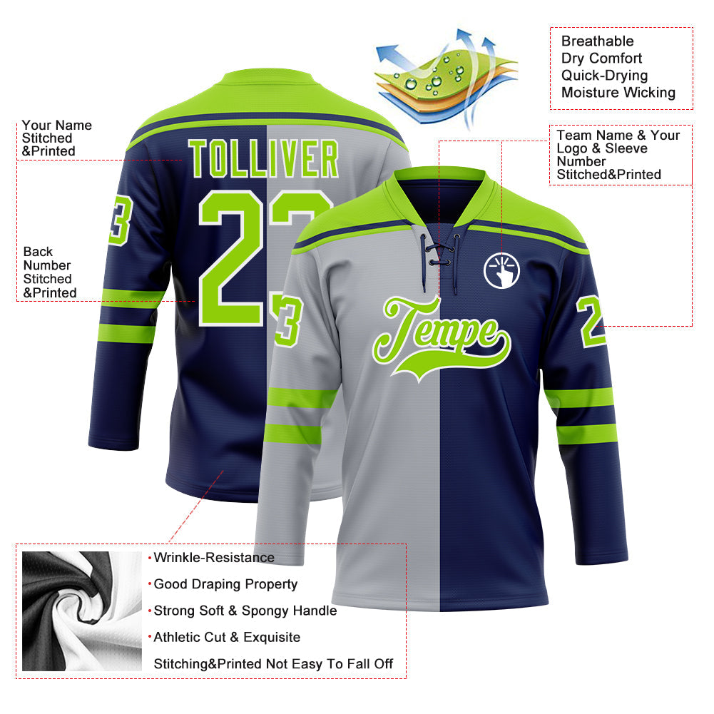Custom Navy Neon Green Gray-White Split Fashion Hockey Lace Neck Jersey view 5