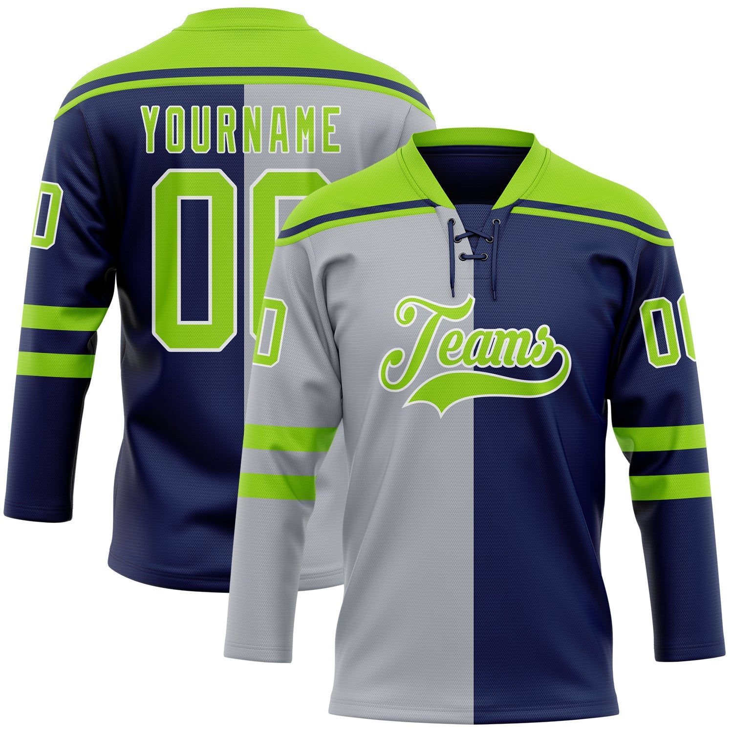 Custom Navy Neon Green Gray-White Split Fashion Hockey Lace Neck Jersey - Main View