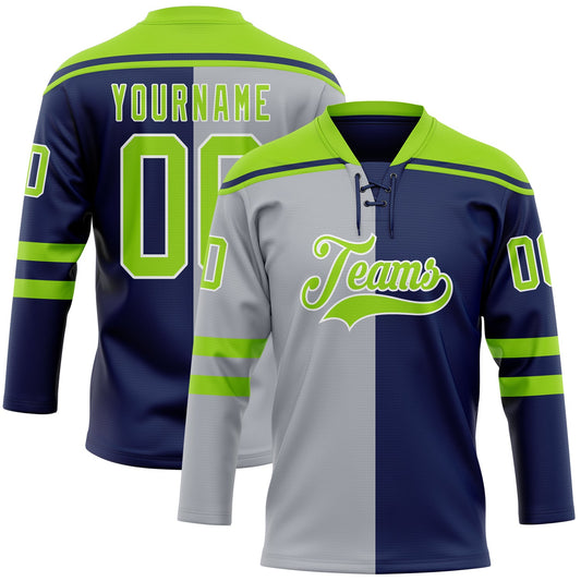 Custom Navy Neon Green Gray-White Split Fashion Hockey Lace Neck Jersey - Main View