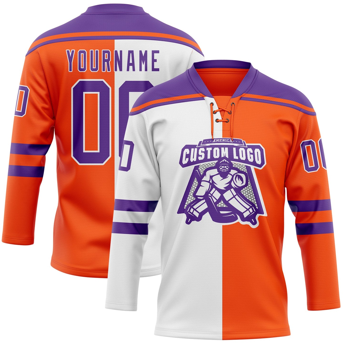 Custom Orange Purple-White Split Fashion Hockey Lace Neck Jersey view 2