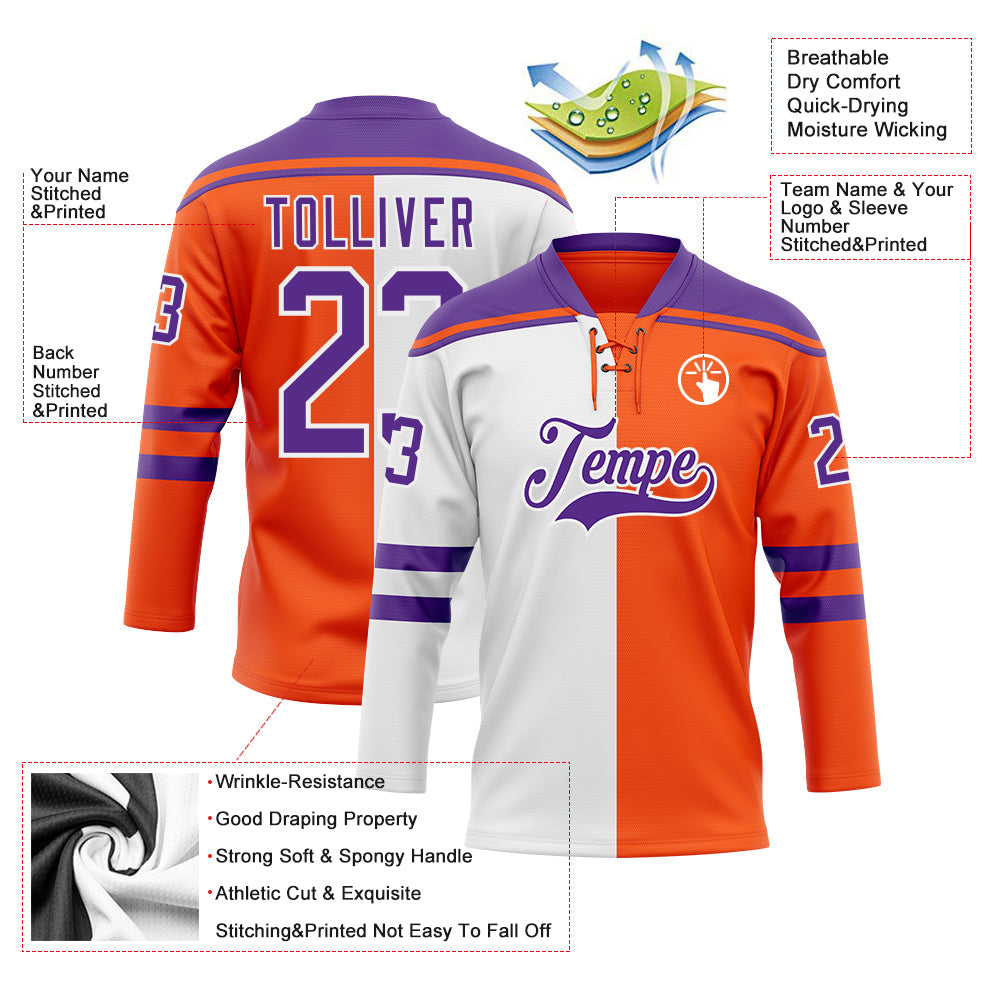 Custom Orange Purple-White Split Fashion Hockey Lace Neck Jersey view 5