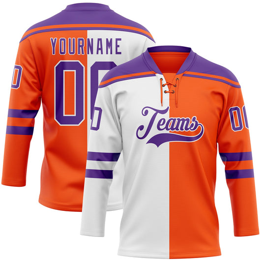 Custom Orange Purple-White Split Fashion Hockey Lace Neck Jersey - Main View