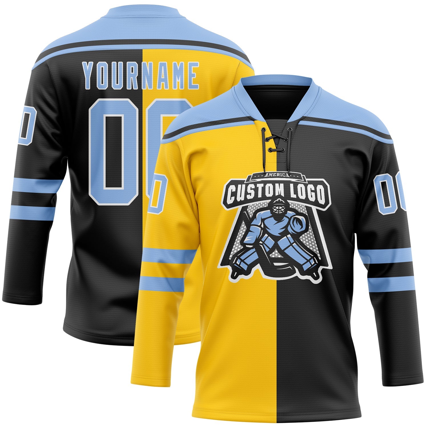 Custom Black Light Blue Yellow-White Split Fashion Hockey Lace Neck Jersey view 2