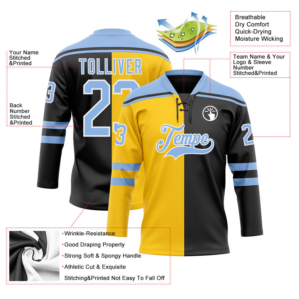 Custom Black Light Blue Yellow-White Split Fashion Hockey Lace Neck Jersey view 5