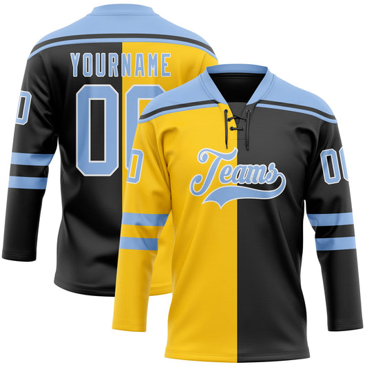 Custom Black Light Blue Yellow-White Split Fashion Hockey Lace Neck Jersey - Main View