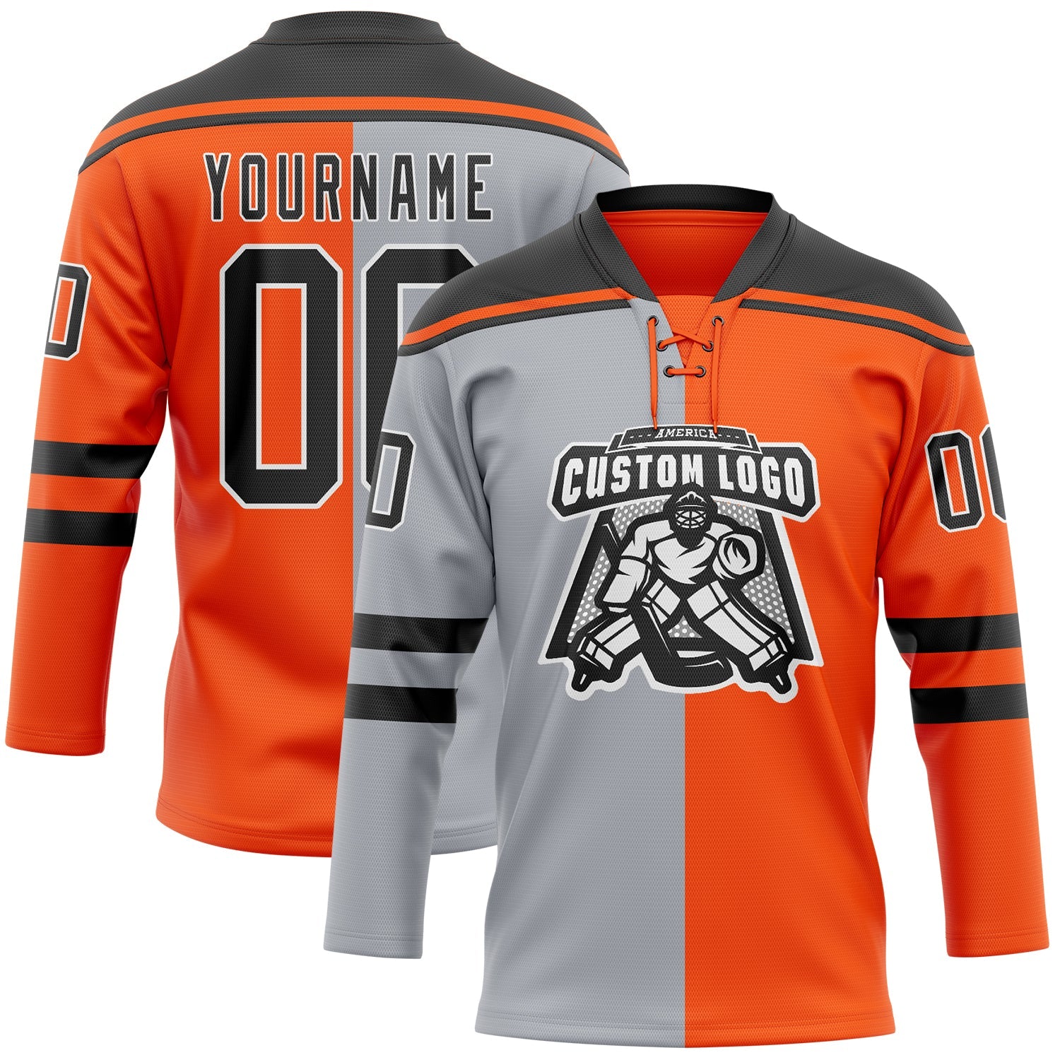 Custom Orange Black Gray-White Split Fashion Hockey Lace Neck Jersey view 2