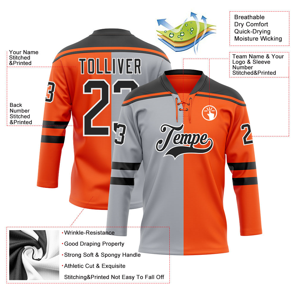 Custom Orange Black Gray-White Split Fashion Hockey Lace Neck Jersey view 5