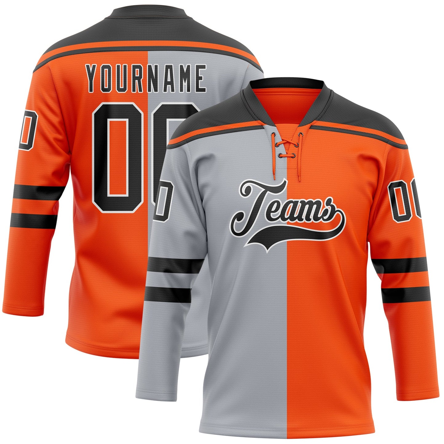 Custom Orange Black Gray-White Split Fashion Hockey Lace Neck Jersey - Main View