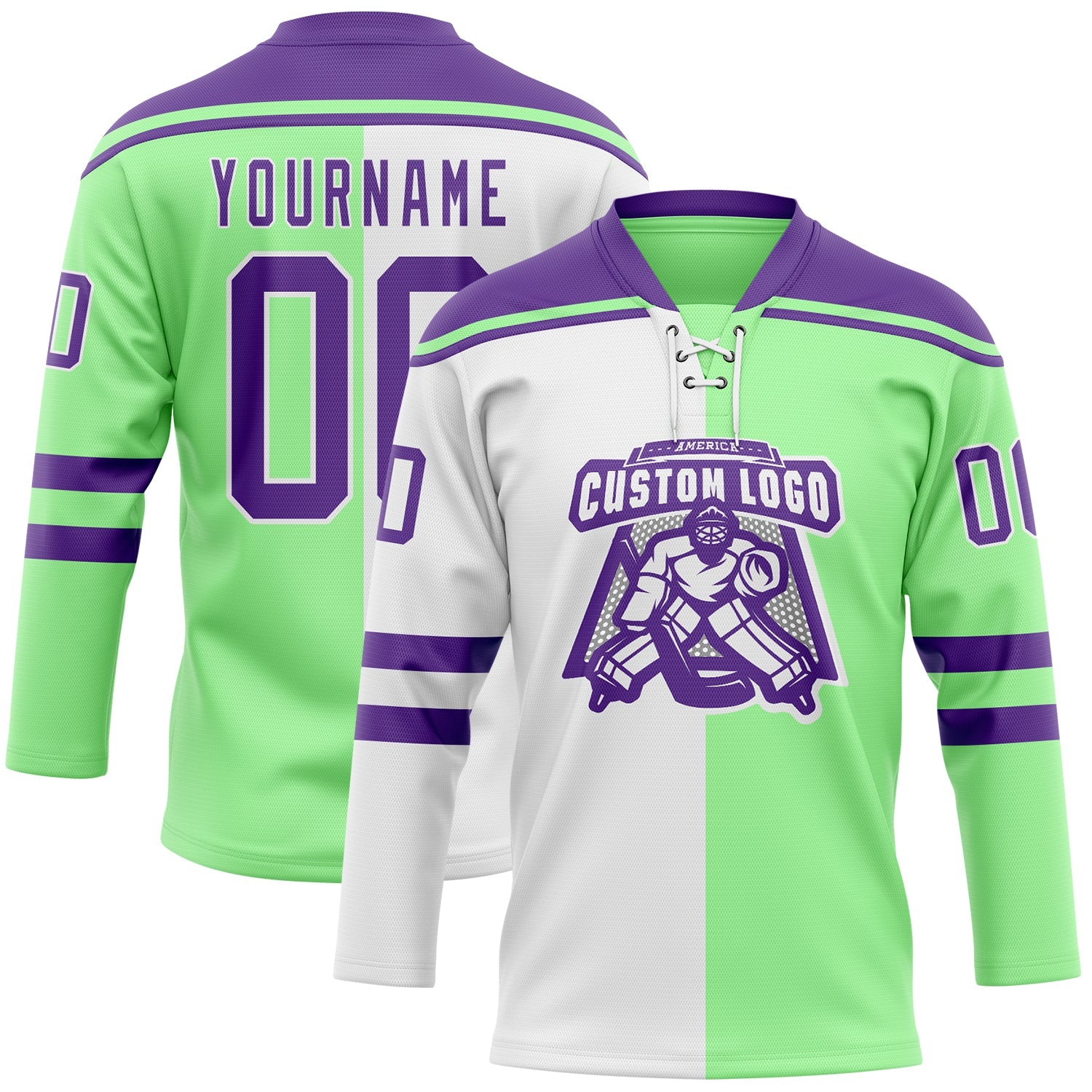 Custom Pea Green Purple-White Split Fashion Hockey Lace Neck Jersey view 2