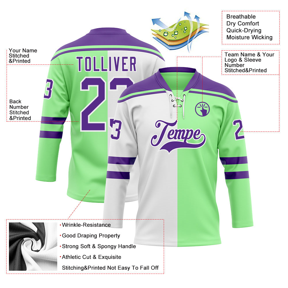 Custom Pea Green Purple-White Split Fashion Hockey Lace Neck Jersey view 5