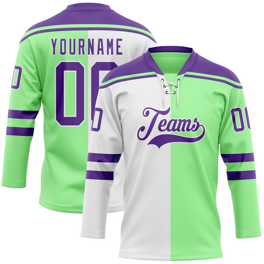Custom Pea Green Purple-White Split Fashion Hockey Lace Neck Jersey - Main View