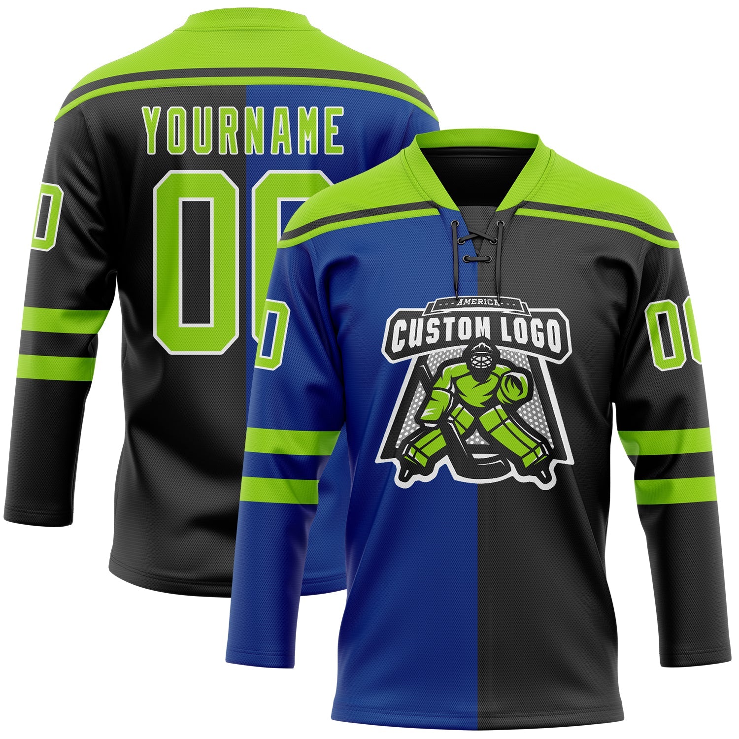Custom Black Neon Green Royal-White Split Fashion Hockey Lace Neck Jersey view 2