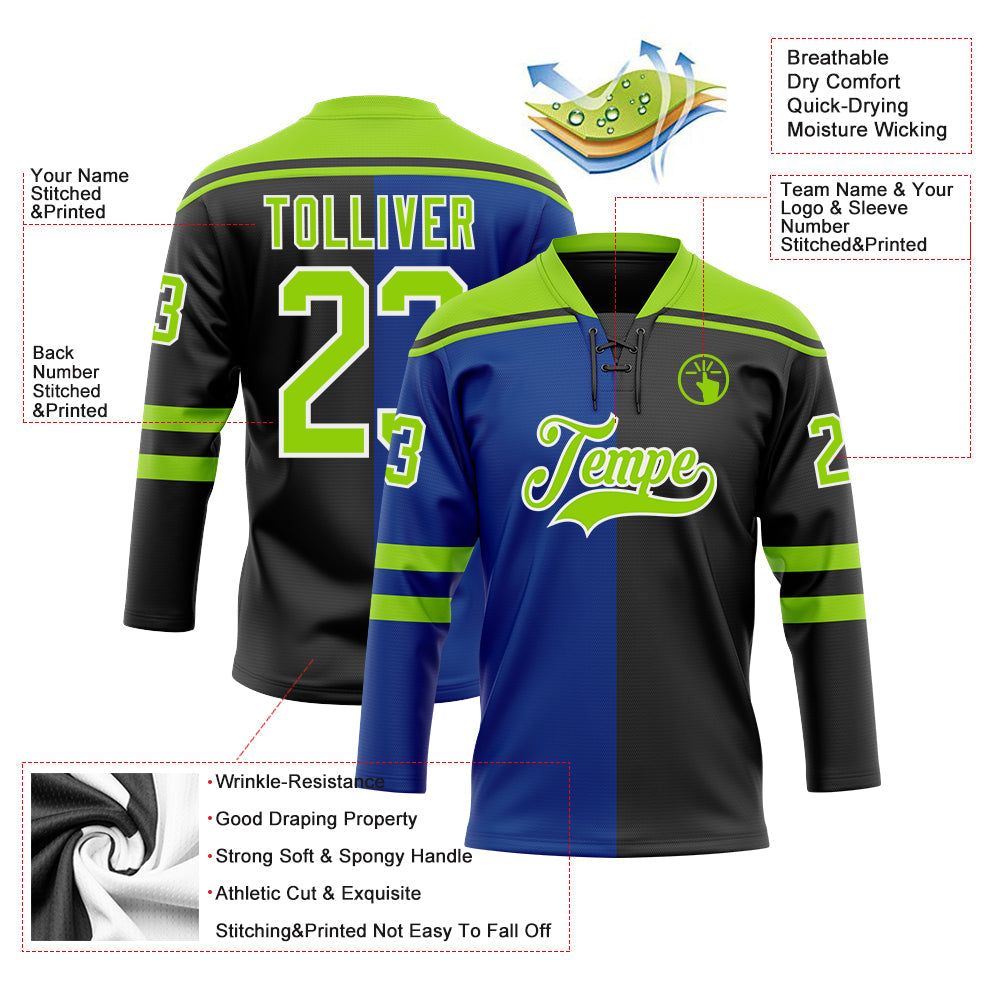 Custom Black Neon Green Royal-White Split Fashion Hockey Lace Neck Jersey view 5