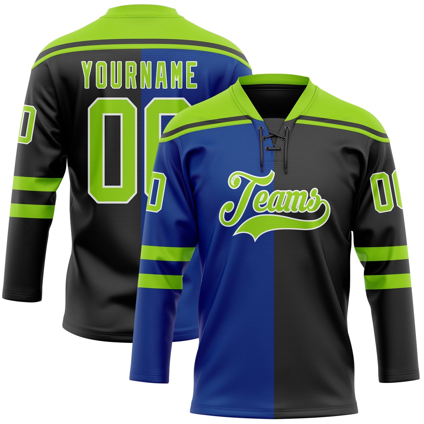 Custom Black Neon Green Royal-White Split Fashion Hockey Lace Neck Jersey - Main View