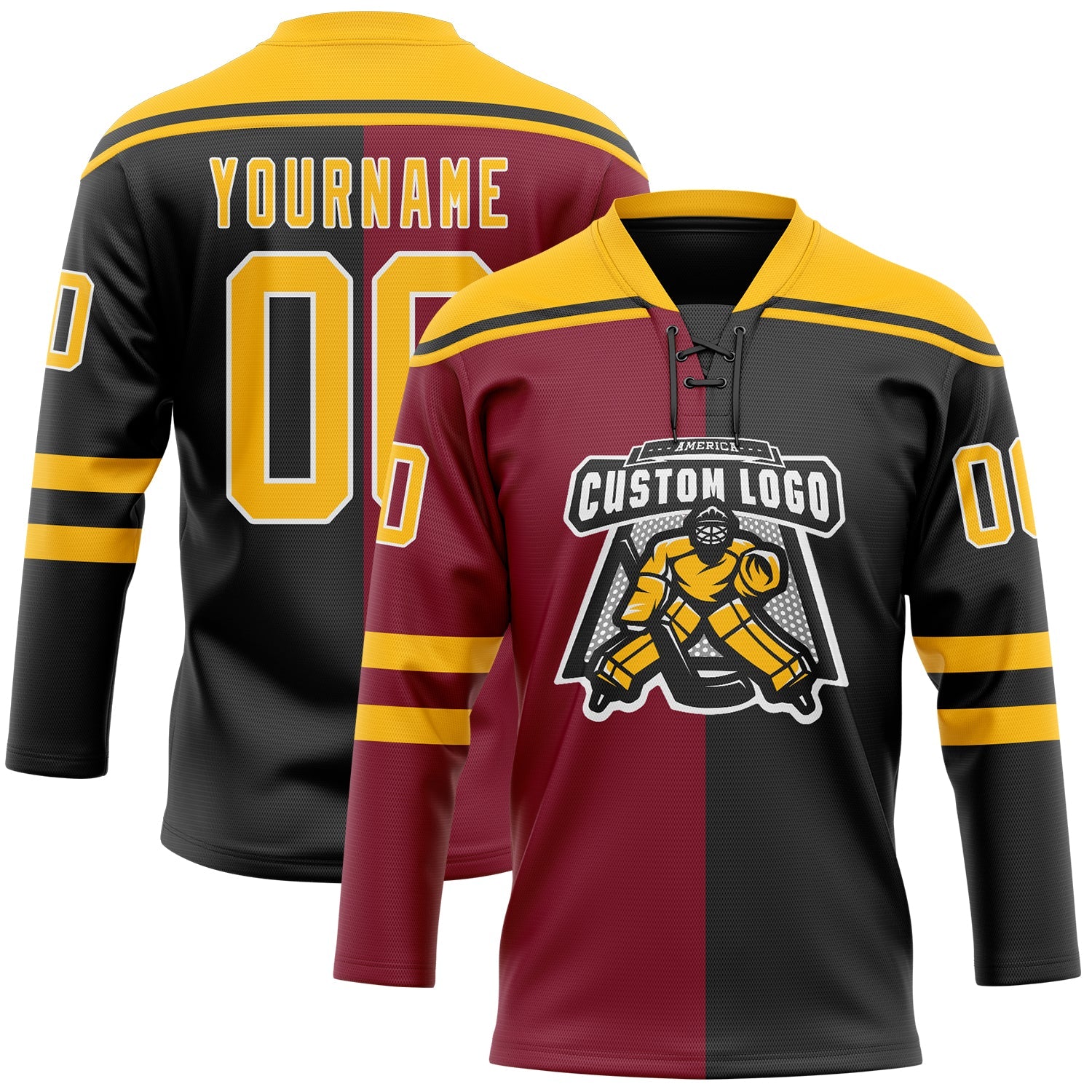 Custom Black Gold Crimson-White Split Fashion Hockey Lace Neck Jersey view 2