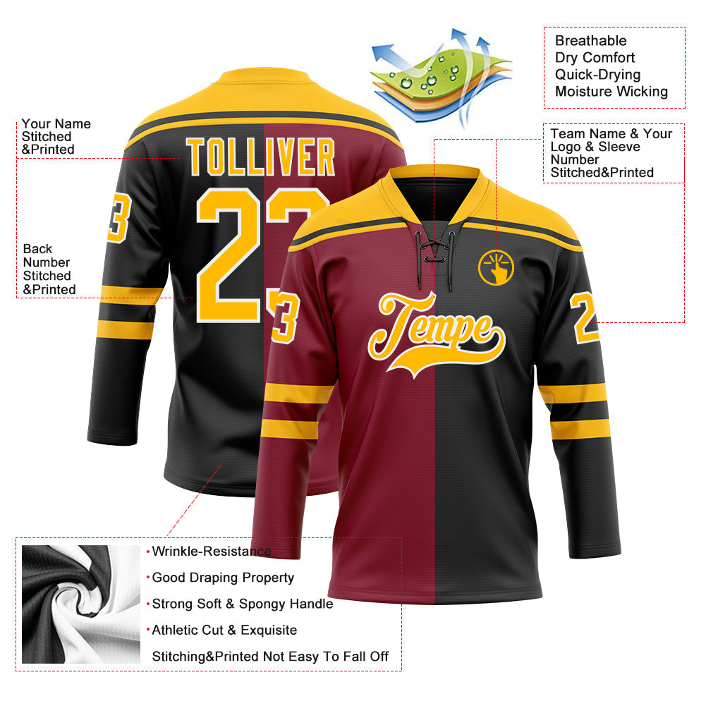 Custom Black Gold Crimson-White Split Fashion Hockey Lace Neck Jersey view 5