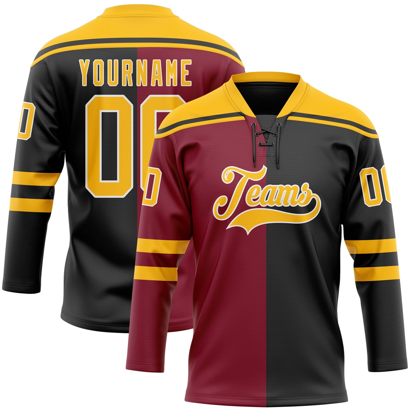 Custom Black Gold Crimson-White Split Fashion Hockey Lace Neck Jersey - Main View