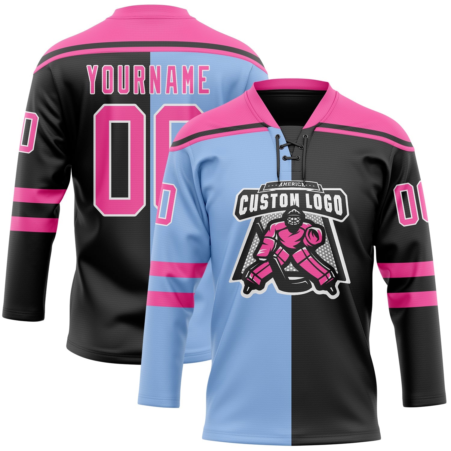 Custom Black Pink Light Blue-White Split Fashion Hockey Lace Neck Jersey view 2
