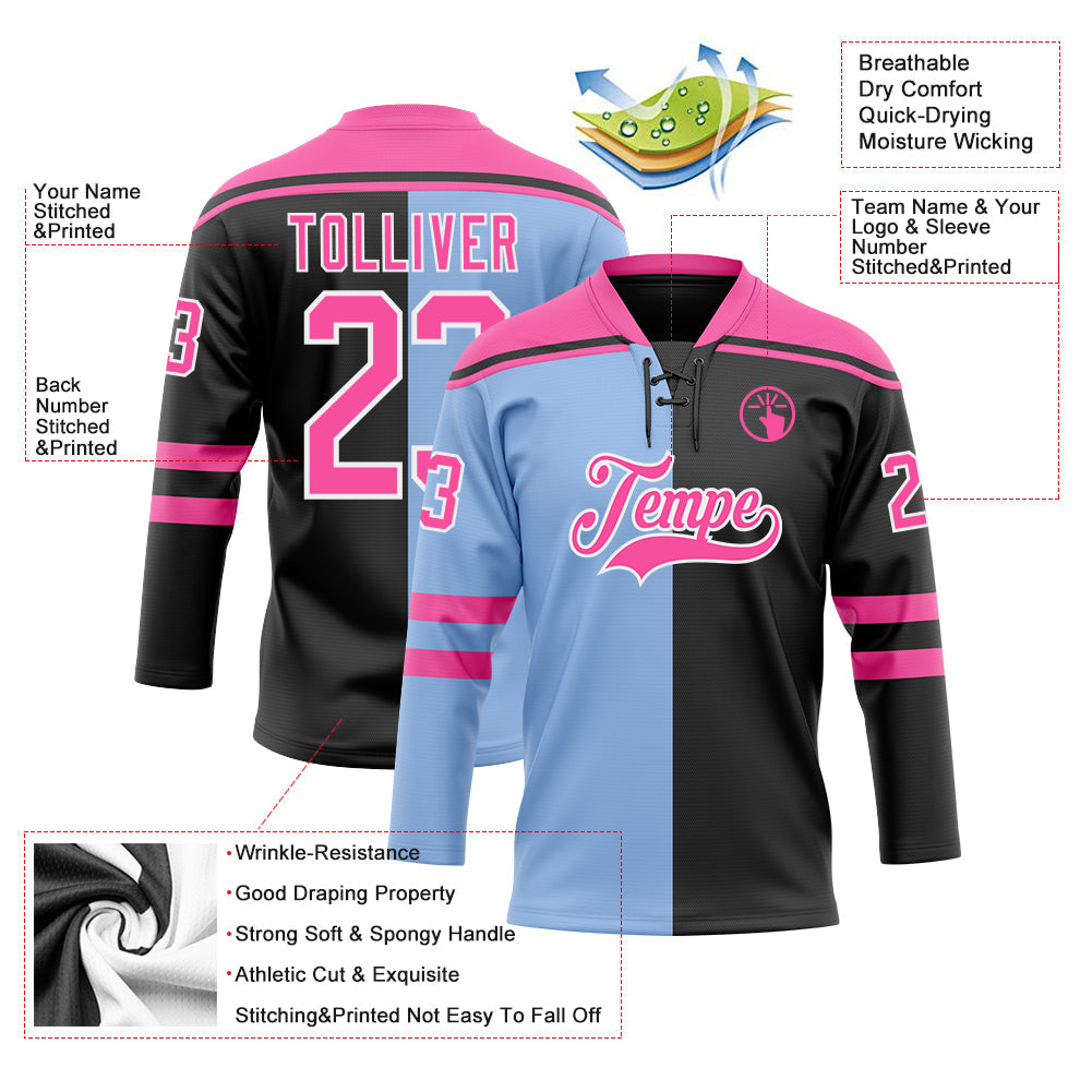 Custom Black Pink Light Blue-White Split Fashion Hockey Lace Neck Jersey view 5