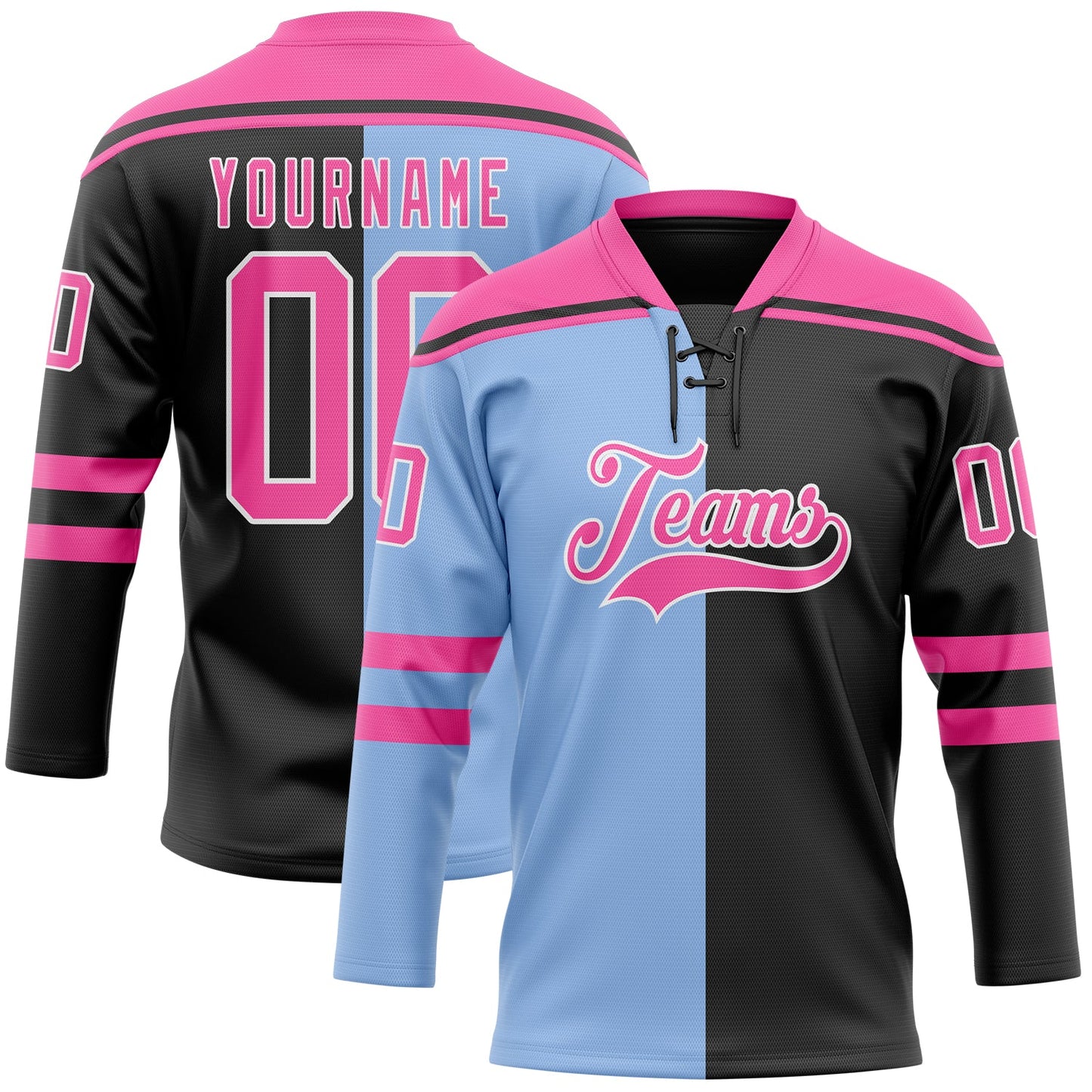 Custom Black Pink Light Blue-White Split Fashion Hockey Lace Neck Jersey - Main View