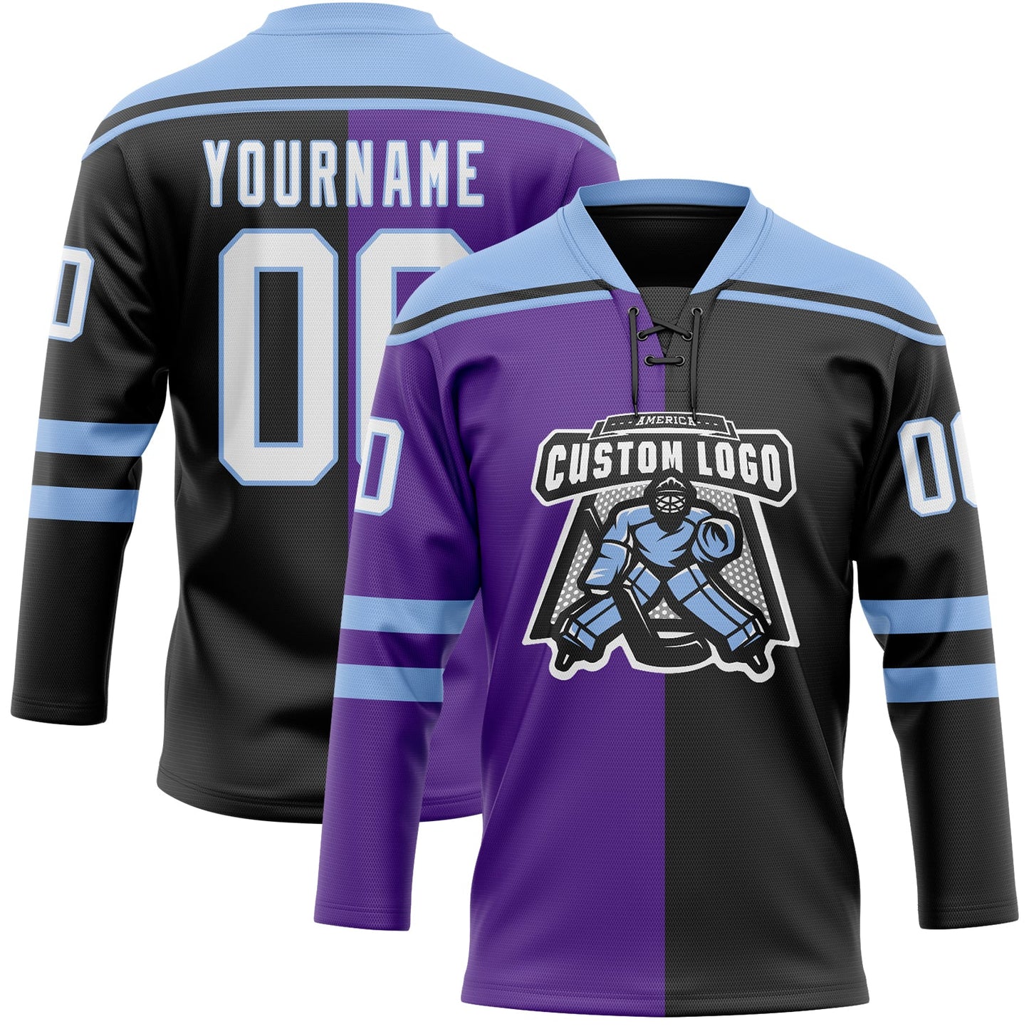 Custom Black White Purple-Light Blue Split Fashion Hockey Lace Neck Jersey view 2