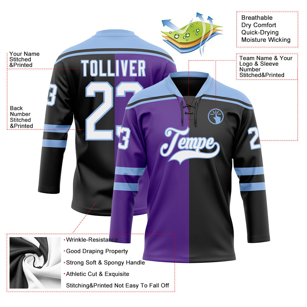 Custom Black White Purple-Light Blue Split Fashion Hockey Lace Neck Jersey view 5