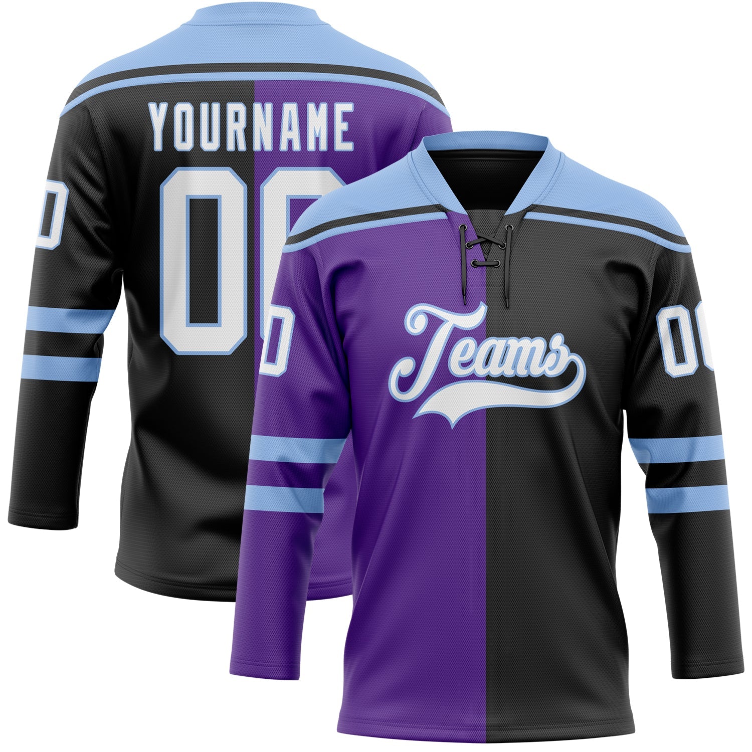 Custom Black White Purple-Light Blue Split Fashion Hockey Lace Neck Jersey - Main View