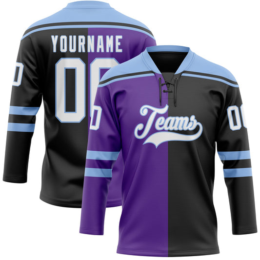 Custom Black White Purple-Light Blue Split Fashion Hockey Lace Neck Jersey - Main View