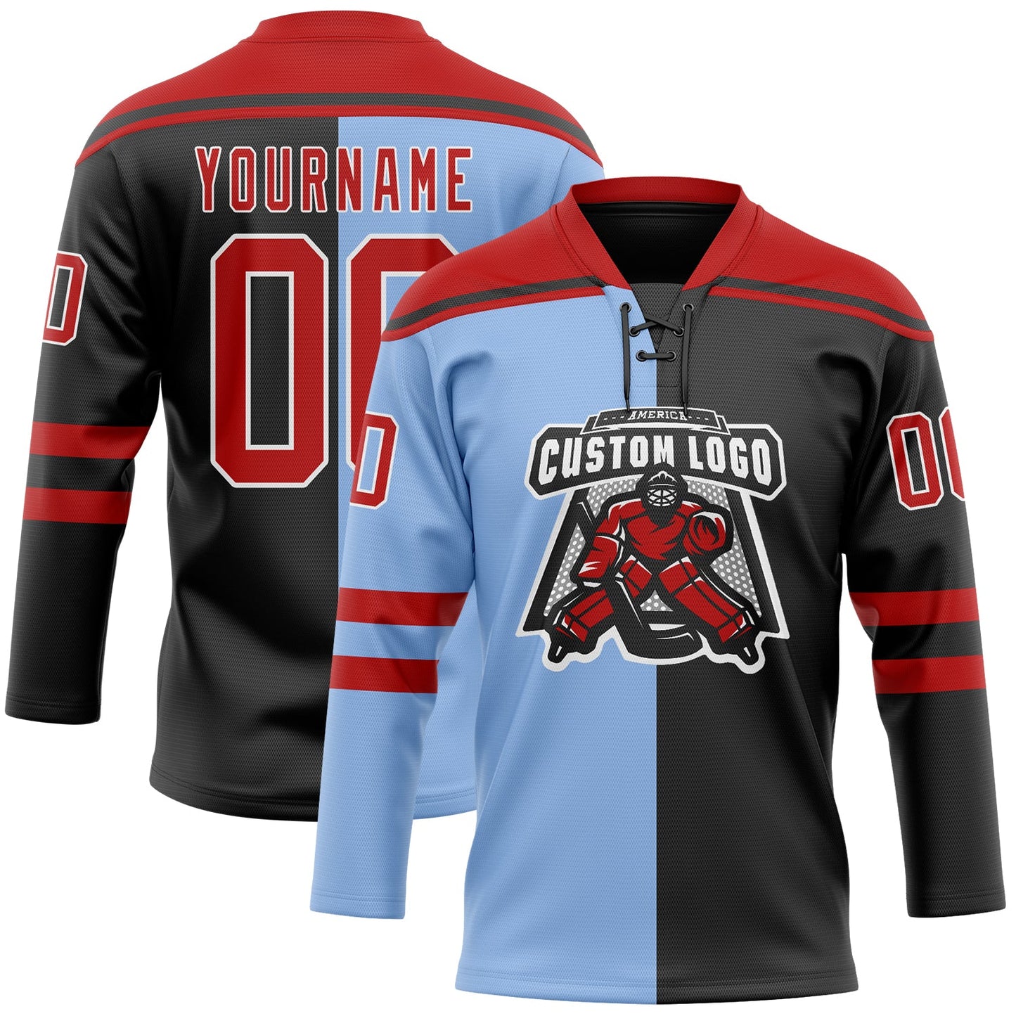 Custom Black Red Light Blue-White Split Fashion Hockey Lace Neck Jersey view 2