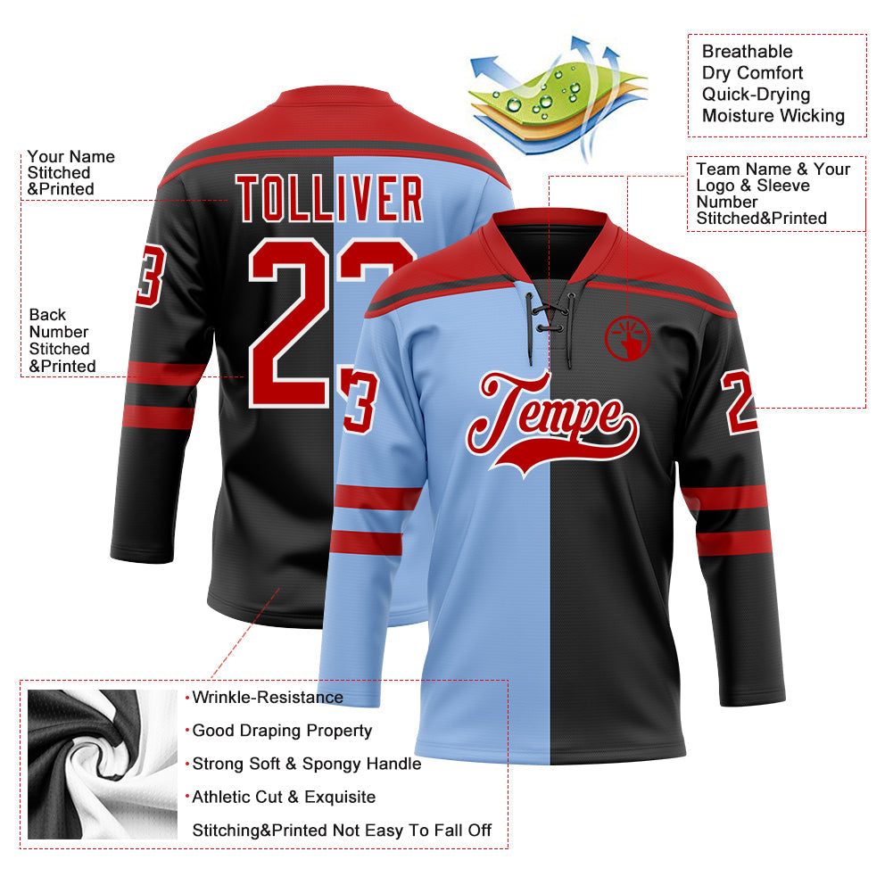 Custom Black Red Light Blue-White Split Fashion Hockey Lace Neck Jersey view 5