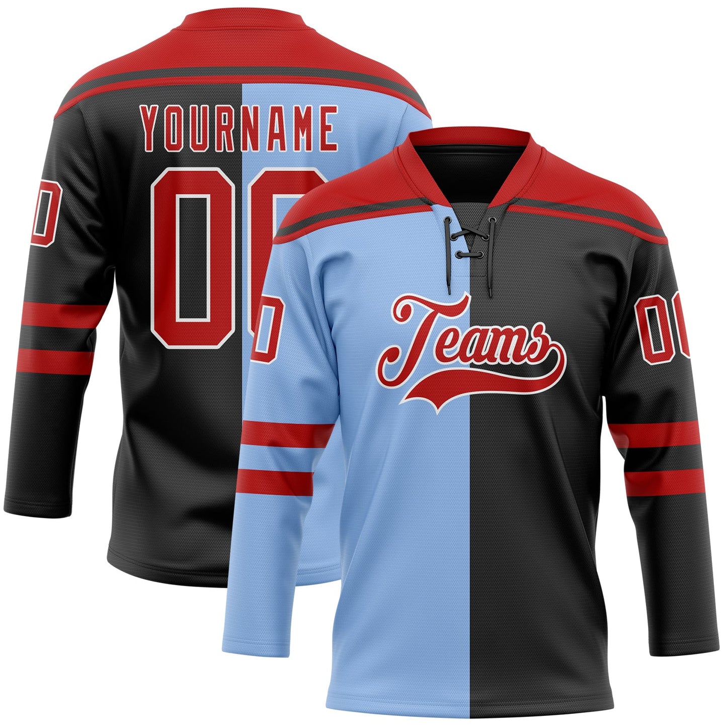 Custom Black Red Light Blue-White Split Fashion Hockey Lace Neck Jersey - Main View