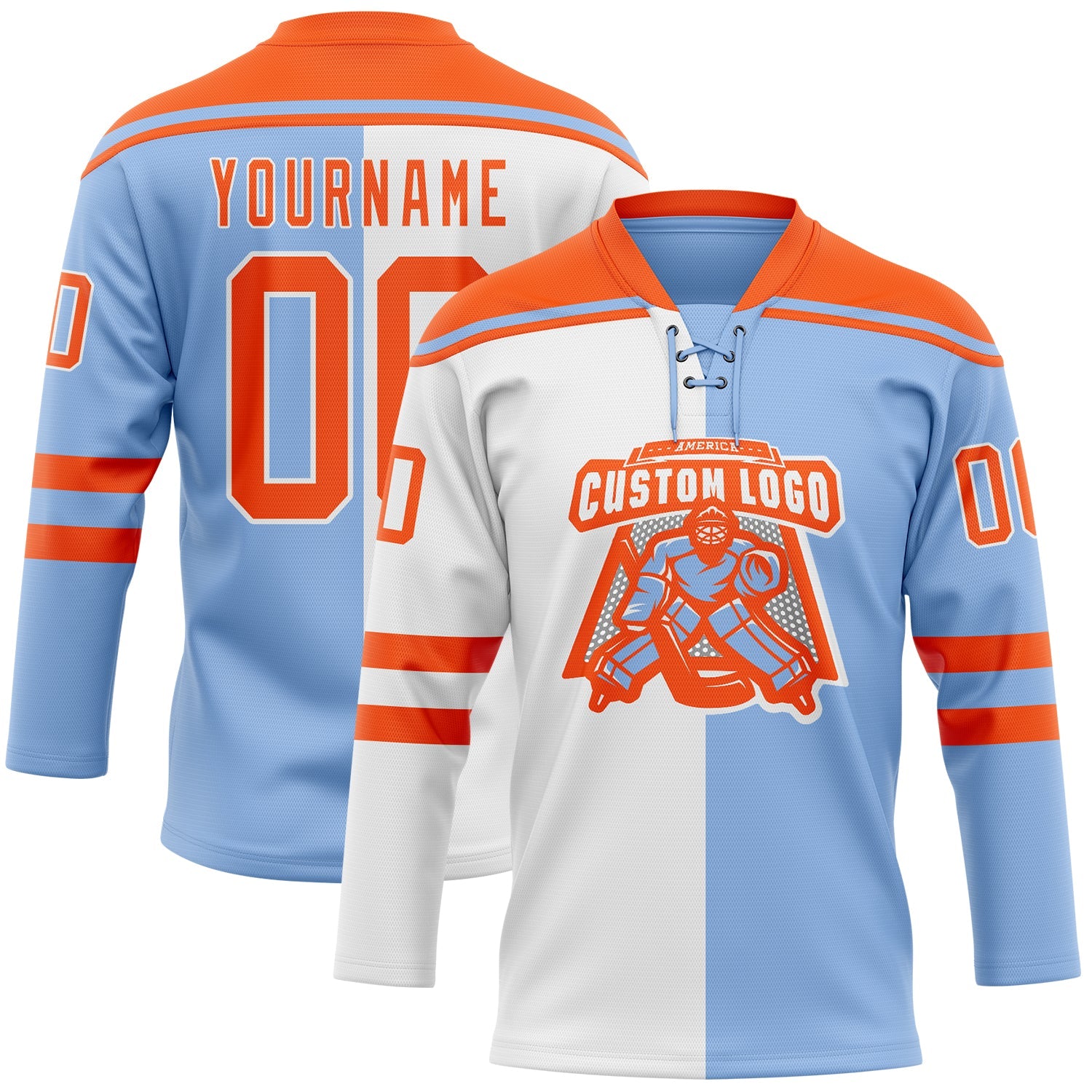 Custom Light Blue Orange-White Split Fashion Hockey Lace Neck Jersey view 2
