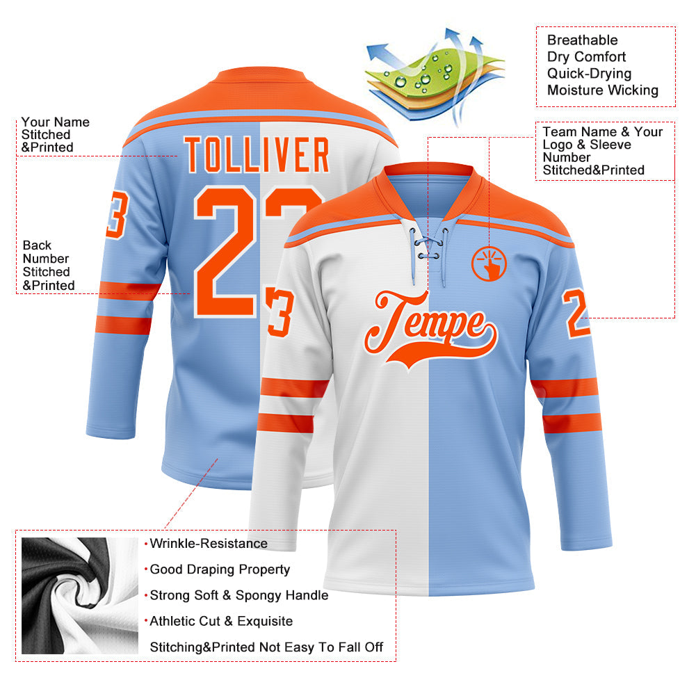 Custom Light Blue Orange-White Split Fashion Hockey Lace Neck Jersey view 5