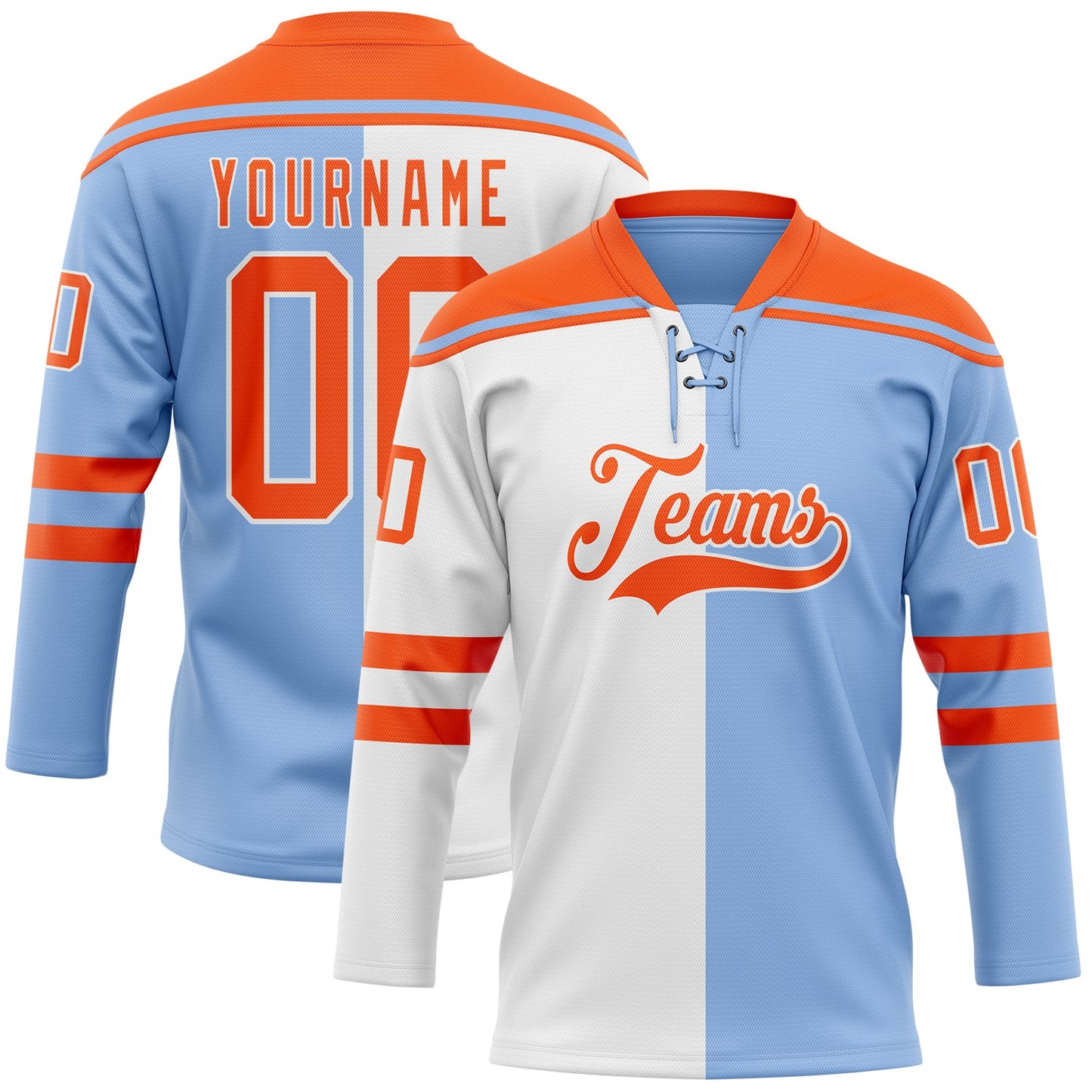 Custom Light Blue Orange-White Split Fashion Hockey Lace Neck Jersey - Main View