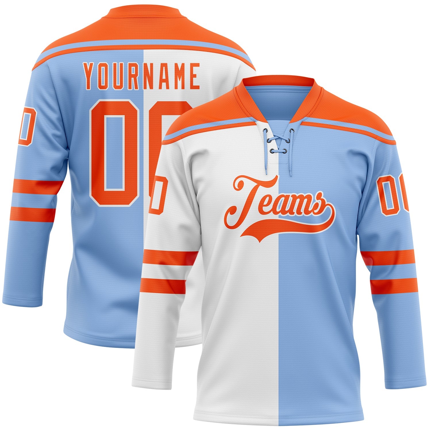 Custom Light Blue Orange-White Split Fashion Hockey Lace Neck Jersey - Main View