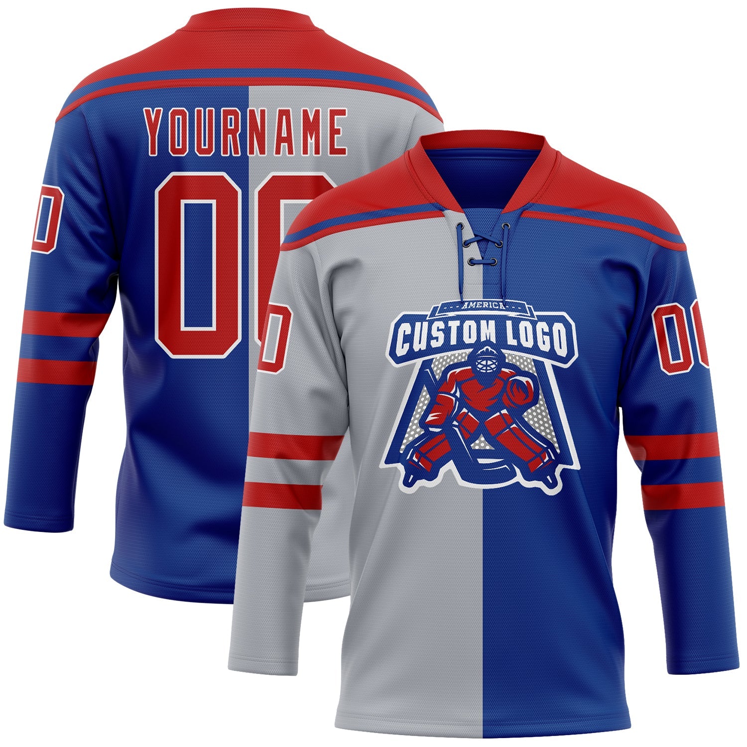 Custom Royal Red Gray-White Split Fashion Hockey Lace Neck Jersey view 2