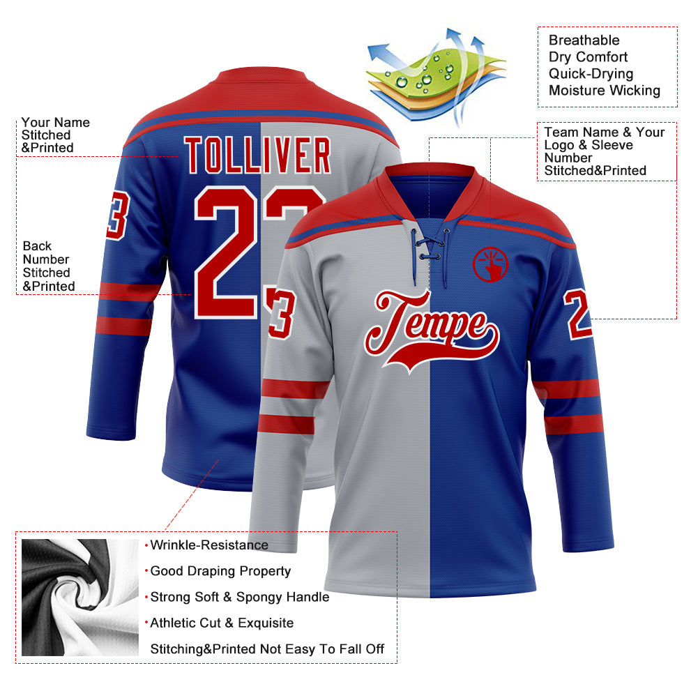 Custom Royal Red Gray-White Split Fashion Hockey Lace Neck Jersey view 5