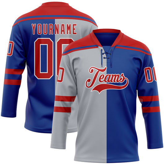 Custom Royal Red Gray-White Split Fashion Hockey Lace Neck Jersey - Main View
