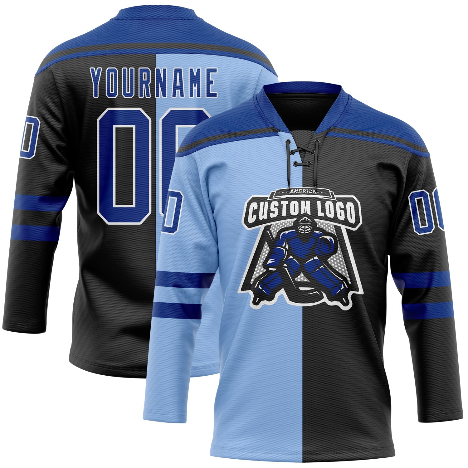 Custom Black Royal Light Blue-White Split Fashion Hockey Lace Neck Jersey view 2