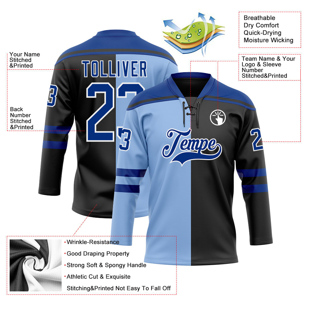 Custom Black Royal Light Blue-White Split Fashion Hockey Lace Neck Jersey view 5