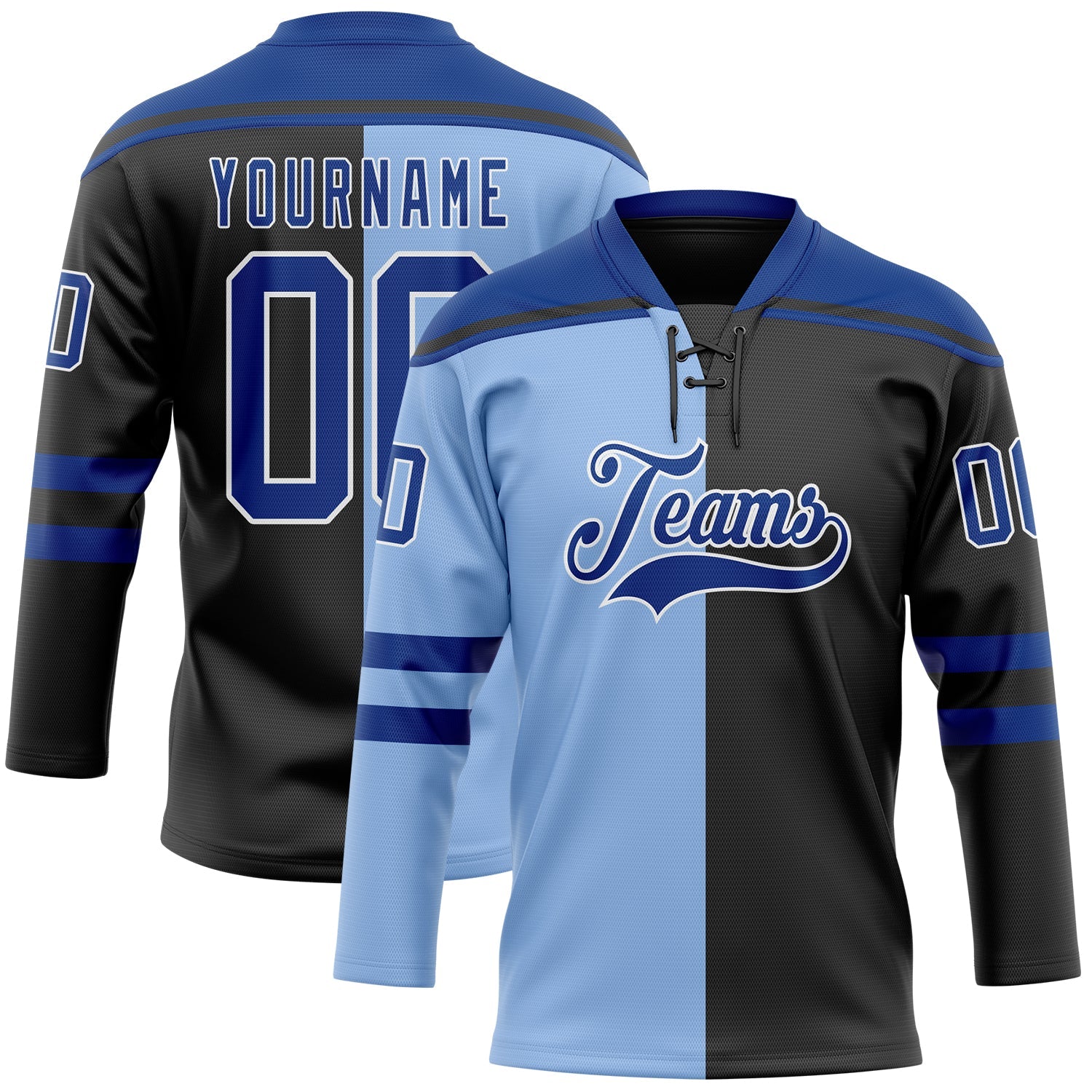 Custom Black Royal Light Blue-White Split Fashion Hockey Lace Neck Jersey - Main View