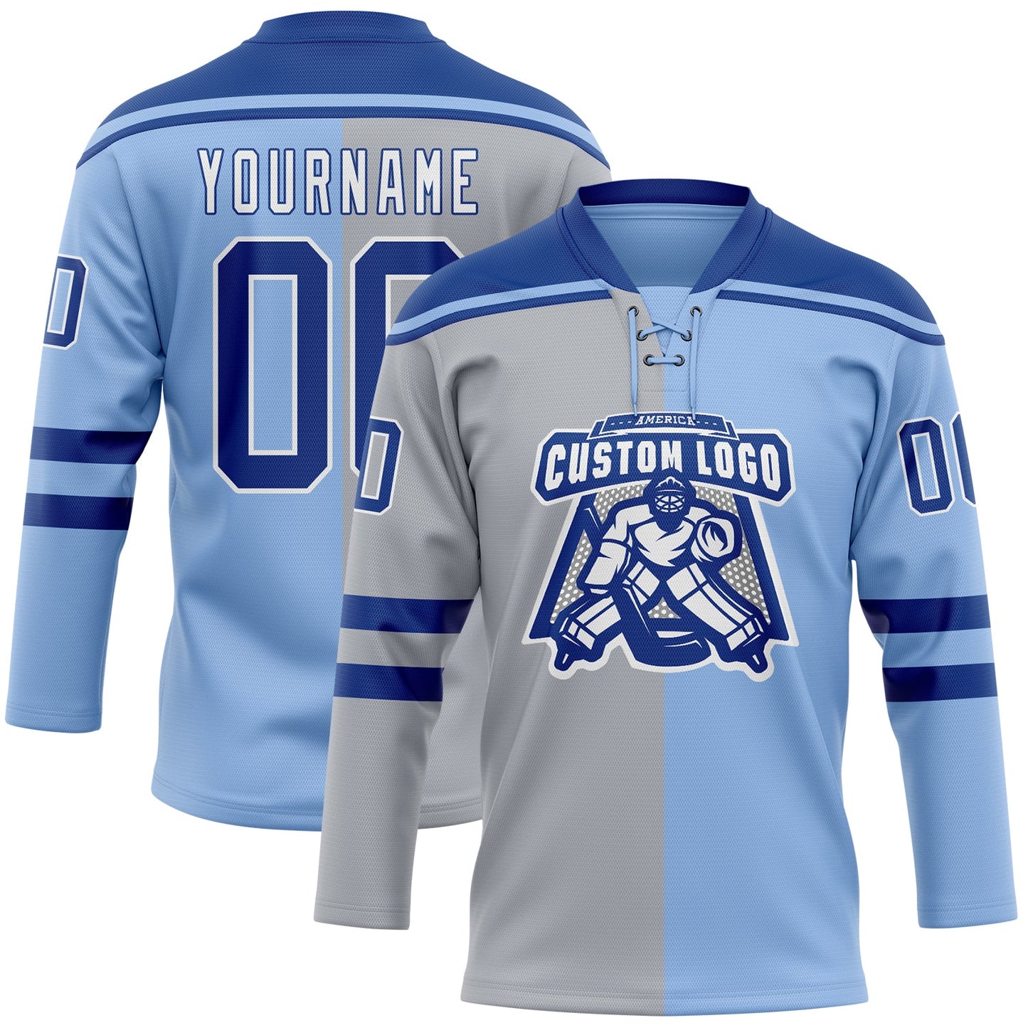 Custom Light Blue Royal Gray-White Split Fashion Hockey Lace Neck Jersey view 2