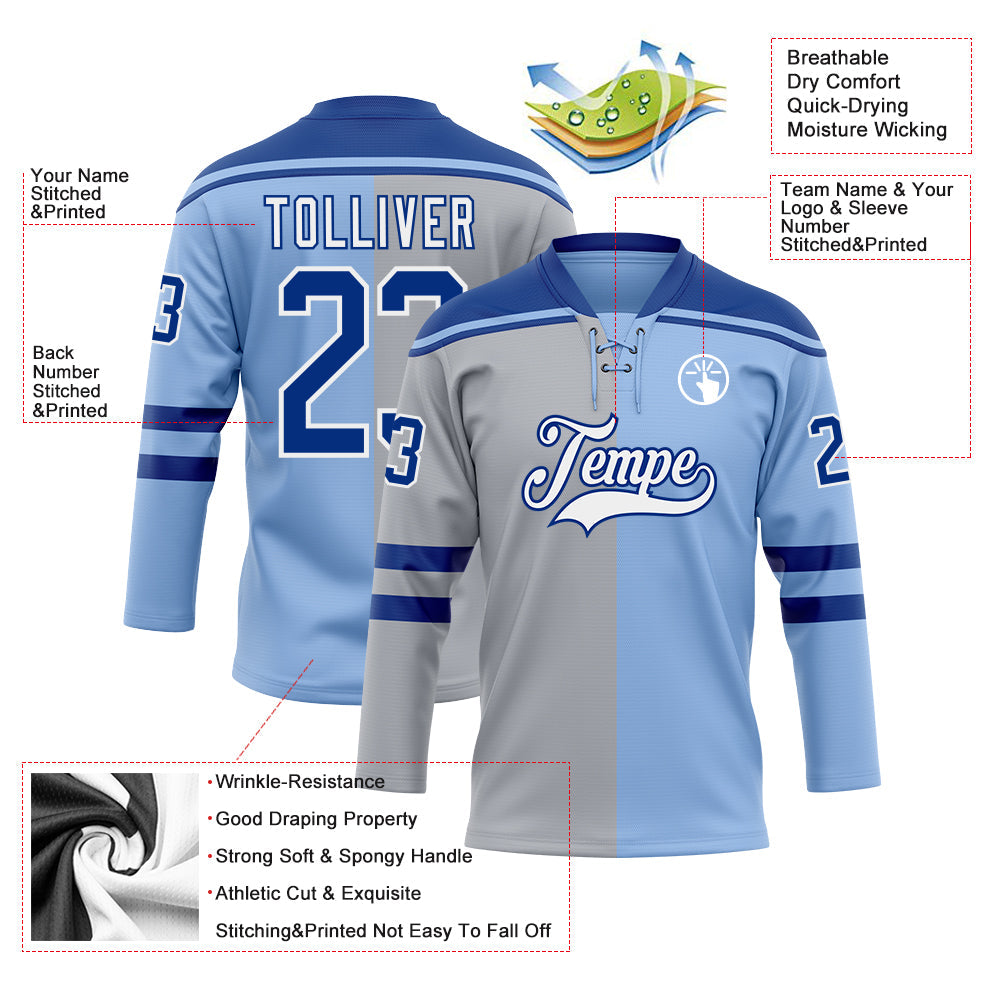 Custom Light Blue Royal Gray-White Split Fashion Hockey Lace Neck Jersey view 5